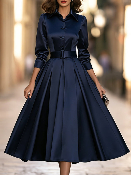 Belted Satin Button-Front Pleated Shirt Midi Dress