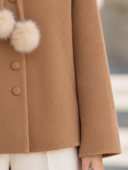 Elegant Fur-Trim Collar Button-Front Cape Short Coat