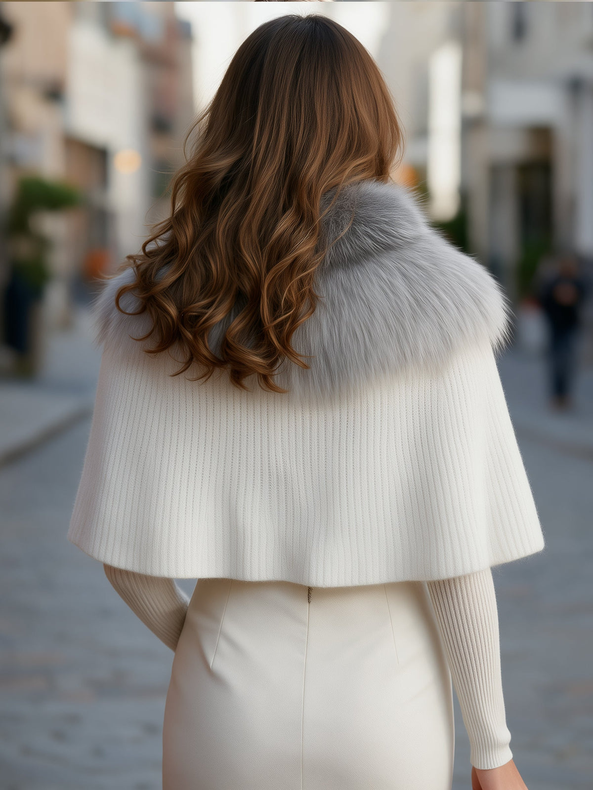 Faux Fur Collar Knit Cape Sweater