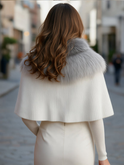 Faux Fur Collar Knit Cape Sweater