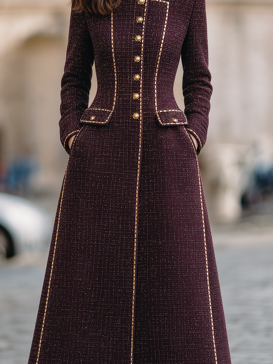Burgundy Tweed Stand Collar Gold Trim Midi Coat