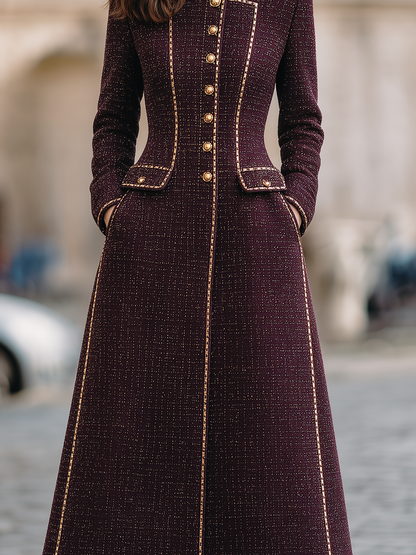 Burgundy Tweed Stand Collar Gold Trim Midi Coat