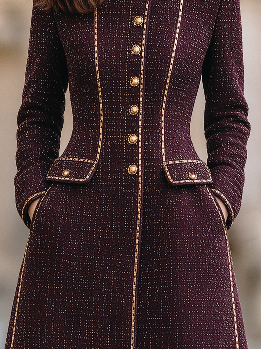 Burgundy Tweed Stand Collar Gold Trim Midi Coat