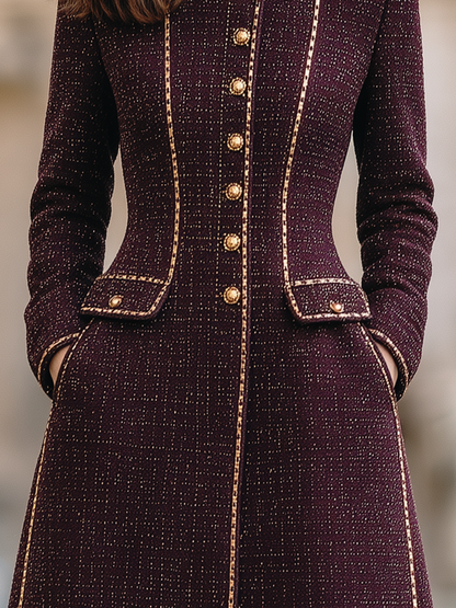 Burgundy Tweed Stand Collar Gold Trim Midi Coat