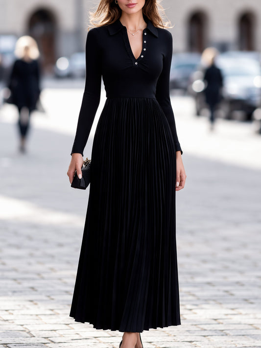 Pleated Skirt Polo Knit Maxi Dress