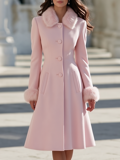 Elegant Removable Faux Fur Trim Wool Blend Coat