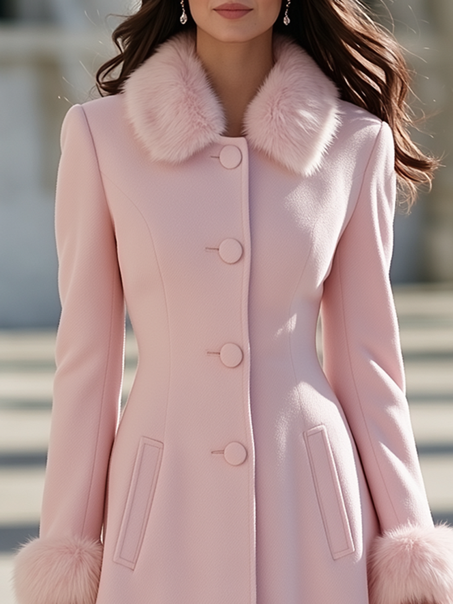 Elegant Removable Faux Fur Trim Wool Blend Coat