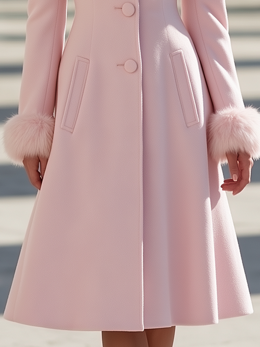 Elegant Removable Faux Fur Trim Wool Blend Coat