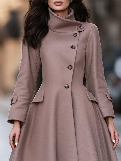 Asymmetrical High-Neck Single-Breasted Flared Wool-Blend Coat