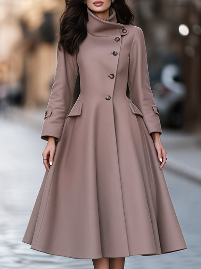 Asymmetrical High-Neck Single-Breasted Flared Wool-Blend Coat