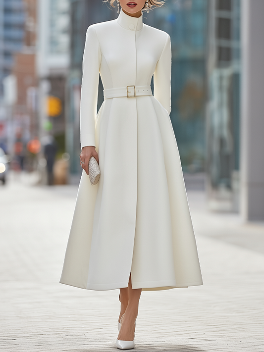 Stand Collar Concealed Placket Belted Fit And Flare Midi Coat Dress