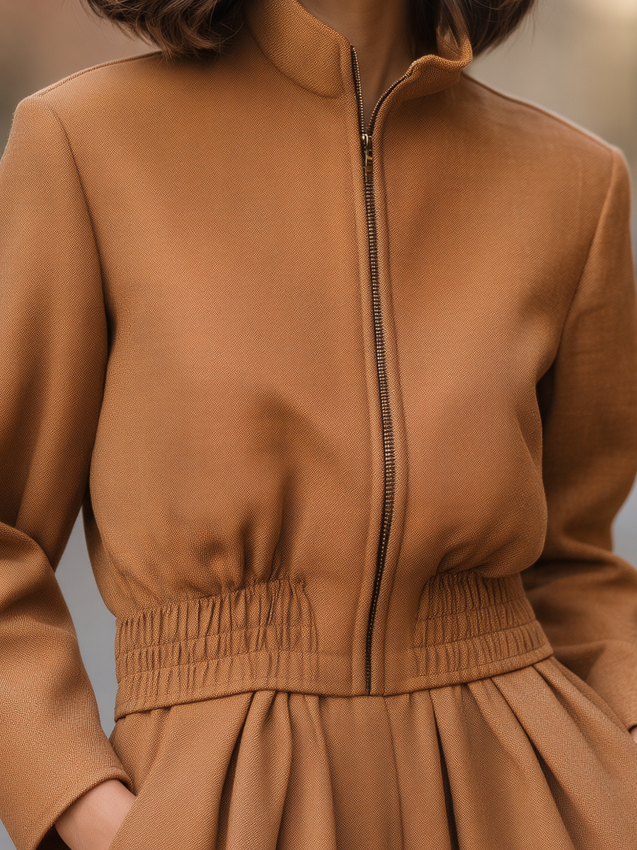 Camel Stand Collar Zip Front Elastic Waist Jacket