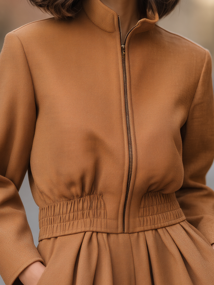 Camel Stand Collar Zip Front Elastic Waist Jacket