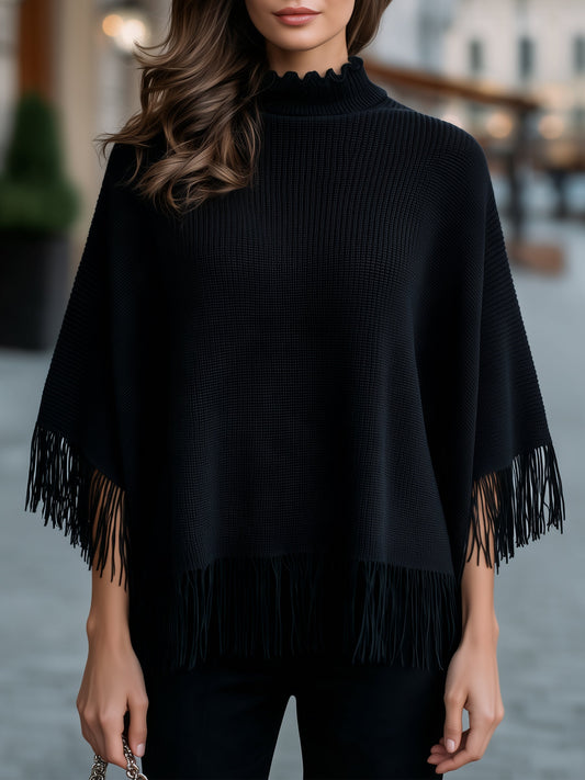 Fringe Trim High Neck Knit Cape Sweater