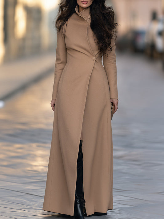 Asymmetrical High-Neck Single-Button Wool-Blend Coat