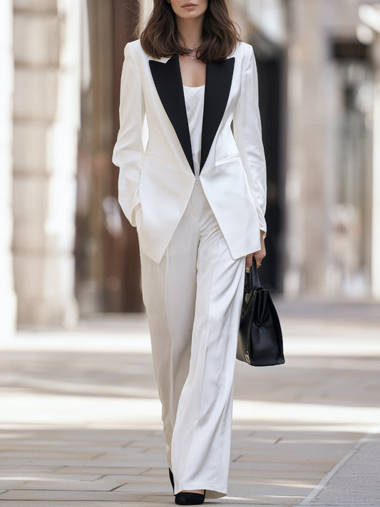 Contrast Lapel Single-Button Blazer, Camisole And Wide-Leg Trousers Three-Piece Set