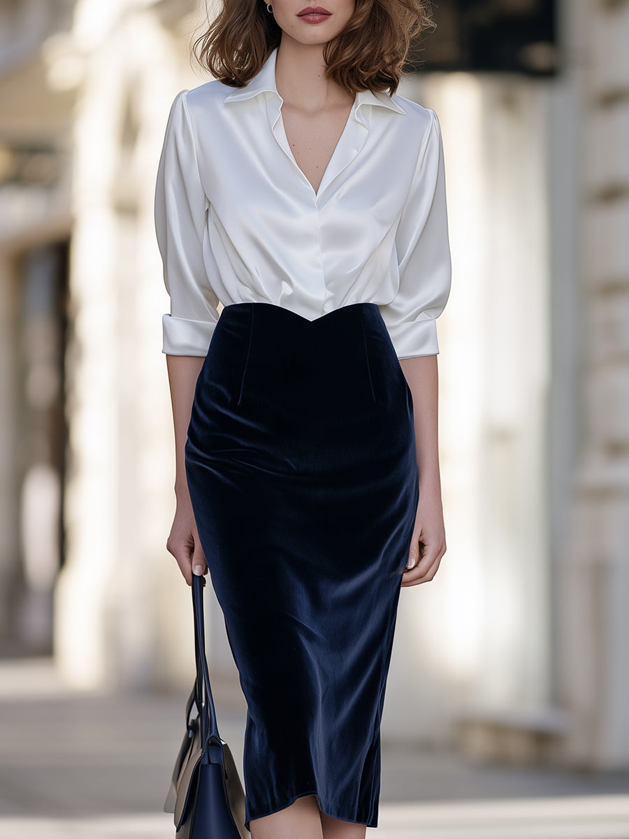 Collared Blouson Bodice Velvet Pencil Midi Dress