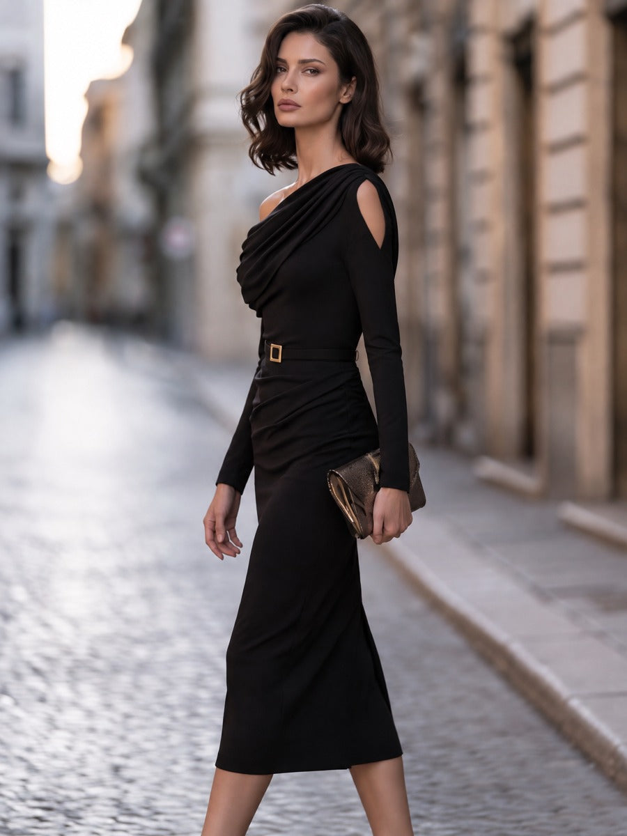 Asymmetric Draped One-Shoulder Midi Dress