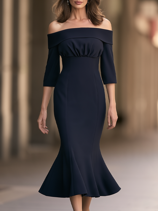 Off Shoulder Gathered Bust Mermaid Midi Dress