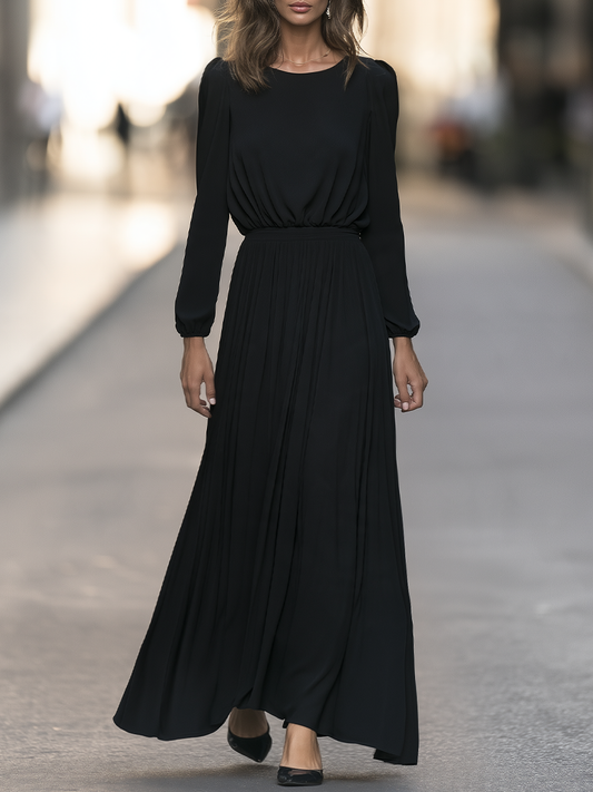 Round Neck Long Sleeve Pleated Maxi Dress