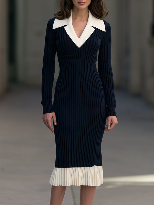 Contrast Collar Ribbed-Knit Midi Dress