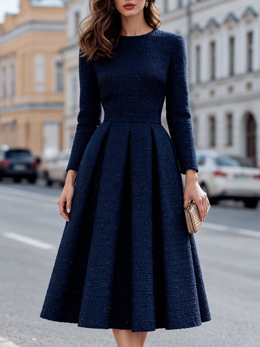 Textured Tweed Pleated A-Line Midi Dress