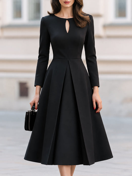 Keyhole Neck Long Sleeve Pleated Fit And Flare Midi Dress
