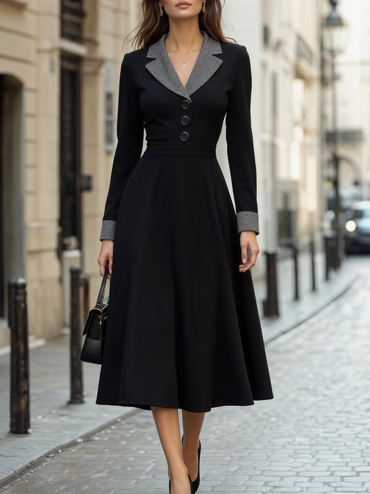 Contrast Lapel Flared Midi Dress