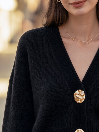 Gold Button V-Neck Knit Cardigan