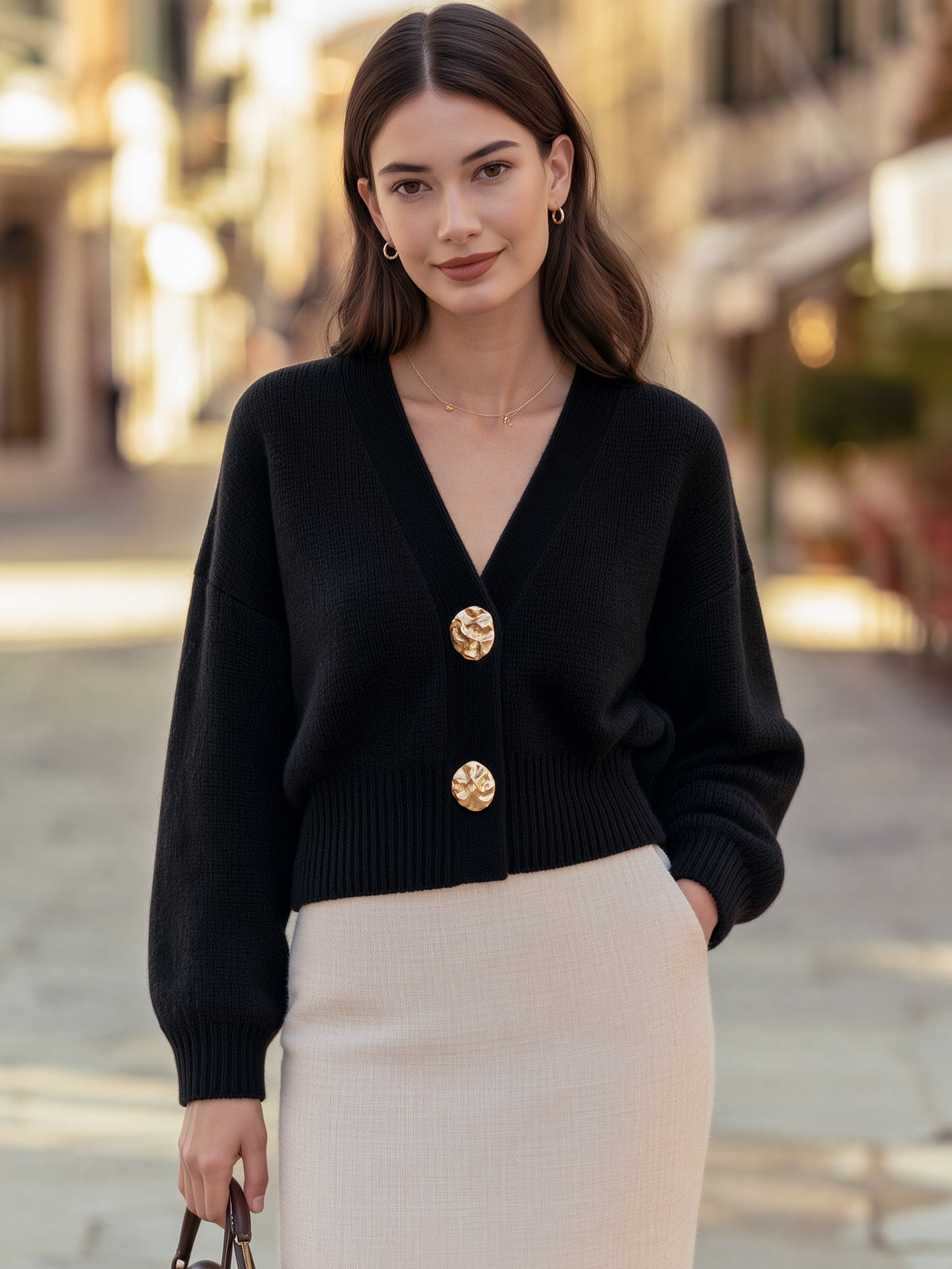 Gold Button V-Neck Knit Cardigan
