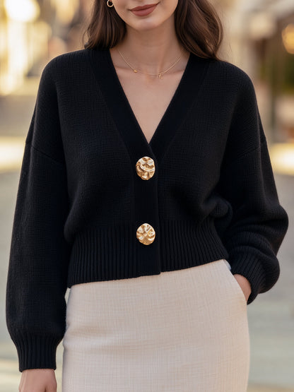 Gold Button V-Neck Knit Cardigan
