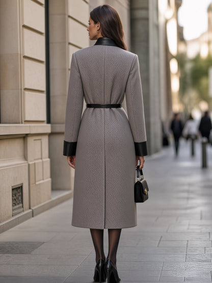 Herringbone Contrast Trim Belted Wool Coat