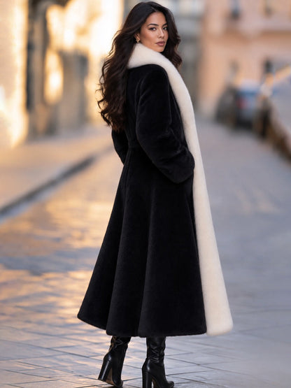 Women's Black Plush Long Coat with Oversized Ivory Shawl Collar and Contrast Trim