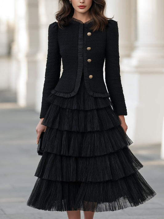 Textured Jacket And Tiered Pleated Midi Skirt Set