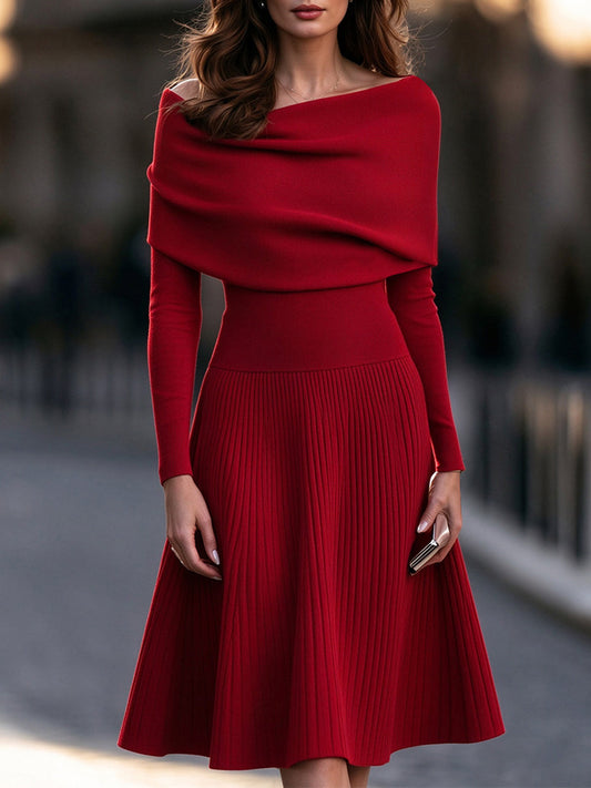 Off-The-Shoulder Foldover Draped Pleated Knit Midi Dress