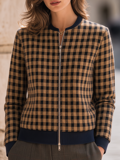 Gingham Check Zip-Up Cropped Jacket