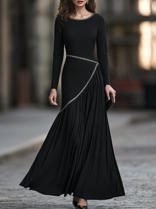 Decorative Ribbon Trim Asymmetric Pleated Maxi Dress