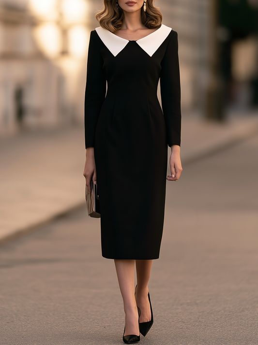 Contrast Pointed Collar Sheath Midi Dress