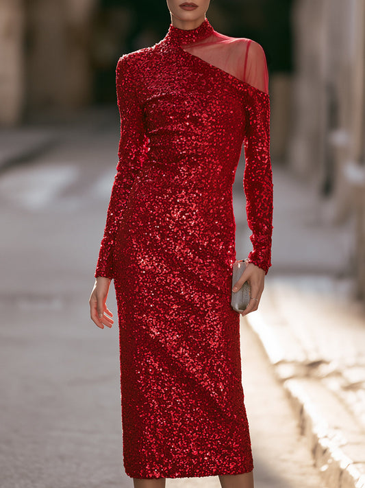 High-Neck Asymmetrical Sheer Mesh Sequin Midi Dress