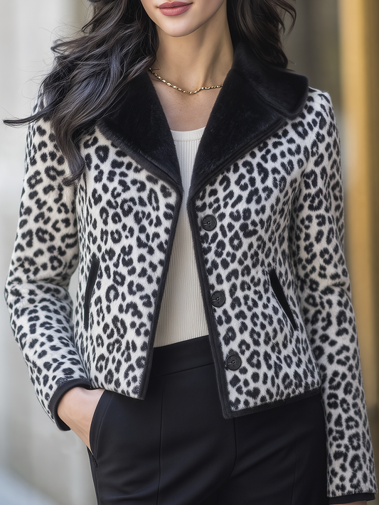 Monochrome Leopard Print Faux Fur Collar Cropped Jacket