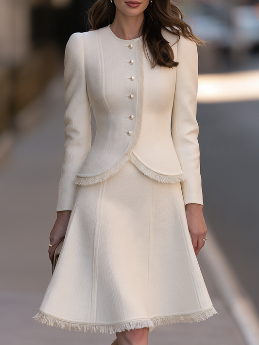 Pearl Button Fringe Trim Jacket And Skirt Set