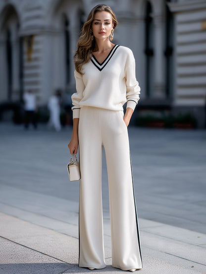 Contrast Trim V-Neck Knit Top And Wide Leg Pants Two Piece Set