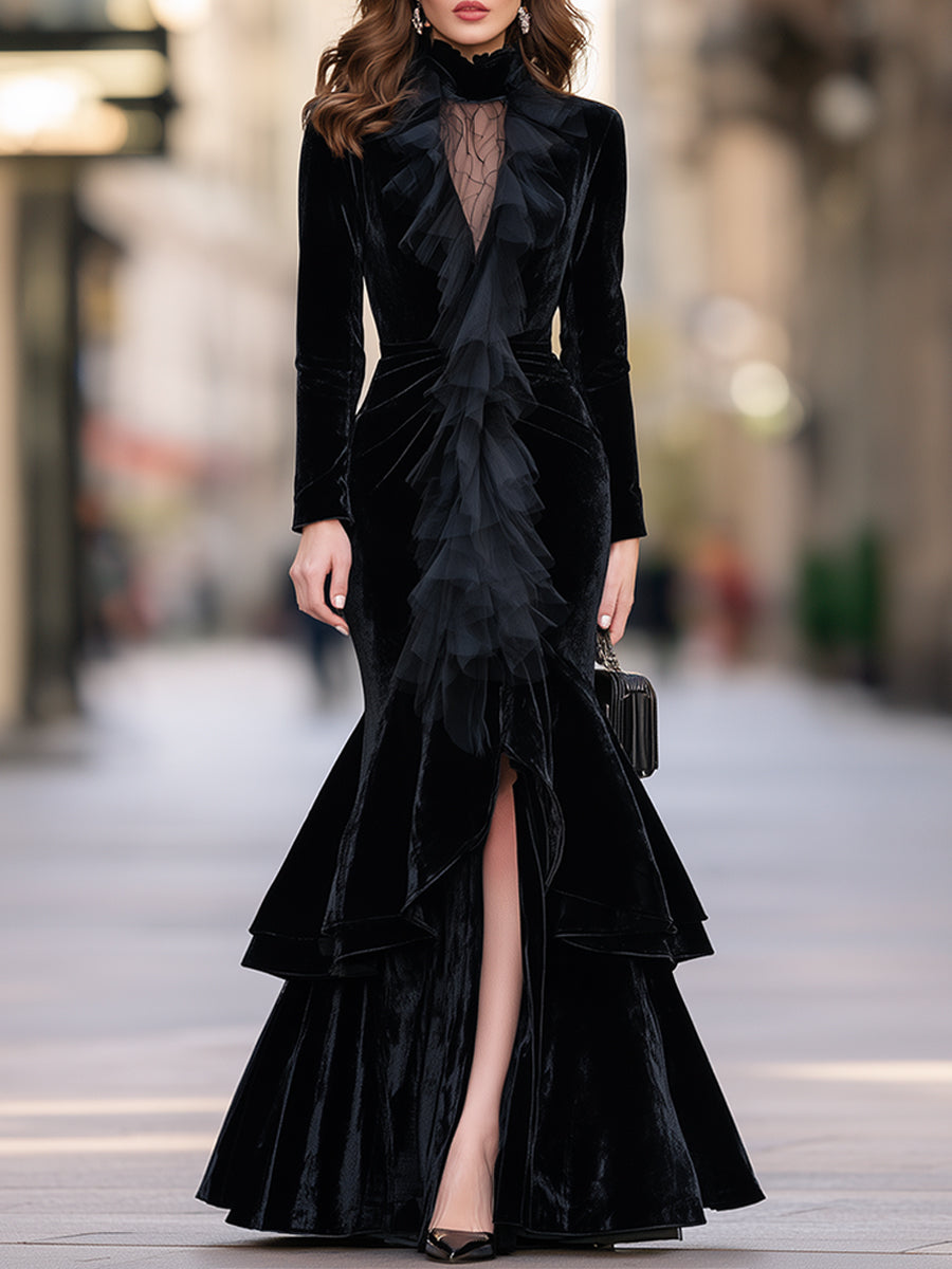 Ruffle-Front Velvet Mermaid Maxi Dress With Sheer Lace Yoke