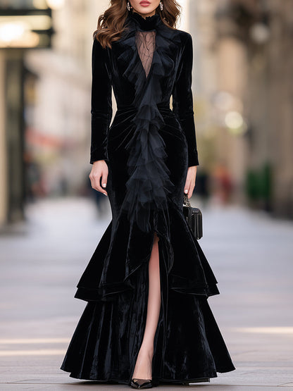 Ruffle-Front Velvet Mermaid Maxi Dress With Sheer Lace Yoke