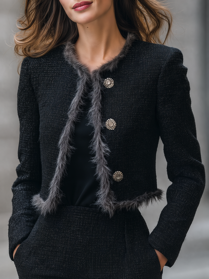 Black Tweed Faux Fur Trim Cropped Jacket