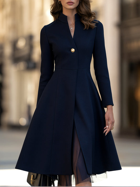 Stand-Collar Faux Two-Piece Fit-and-Flare Midi Dress