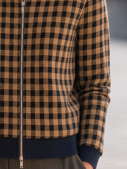 Gingham Check Zip-Up Cropped Jacket