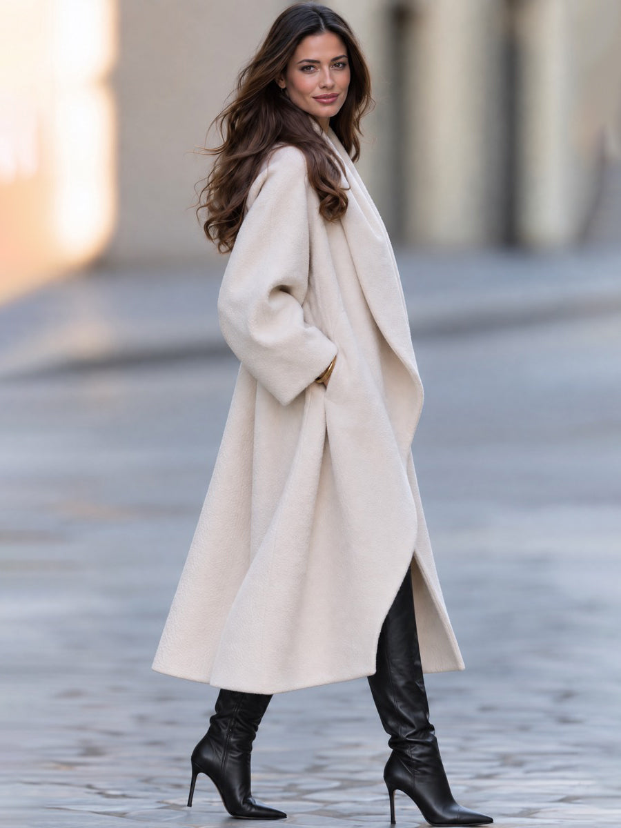 Women's Ivory Oversized Shawl Collar Wool Blend Long Coat