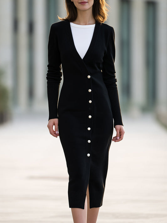 Pearl-Button Longline Knit Cardigan