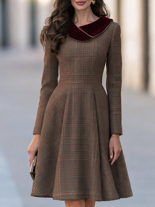 Burgundy Velvet Collar Plaid Wool Blend A-Line Midi Dress
